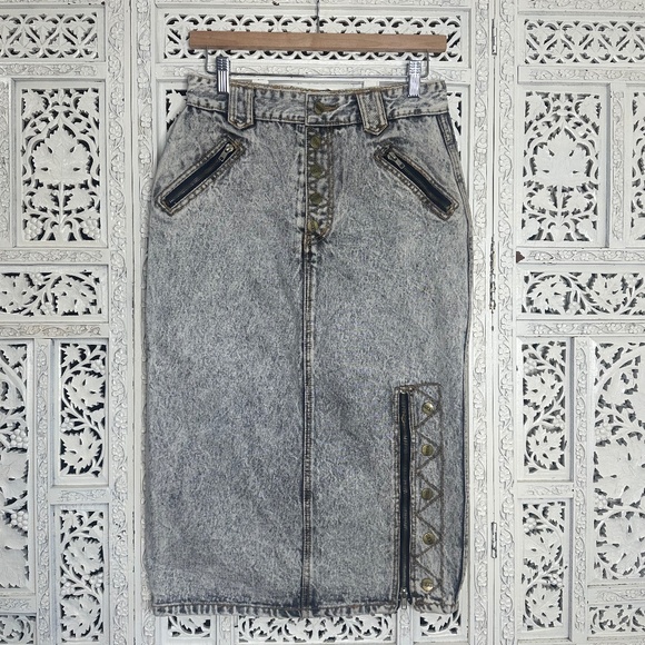 Vintage Get Used By Elie Acid Wash Grunge Denim Midi Skirt Zipper Details Sz S - Picture 1 of 9
